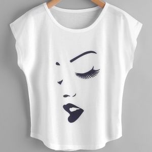 *New* Face Print Cap Sleeve Curved Hem Tshirt